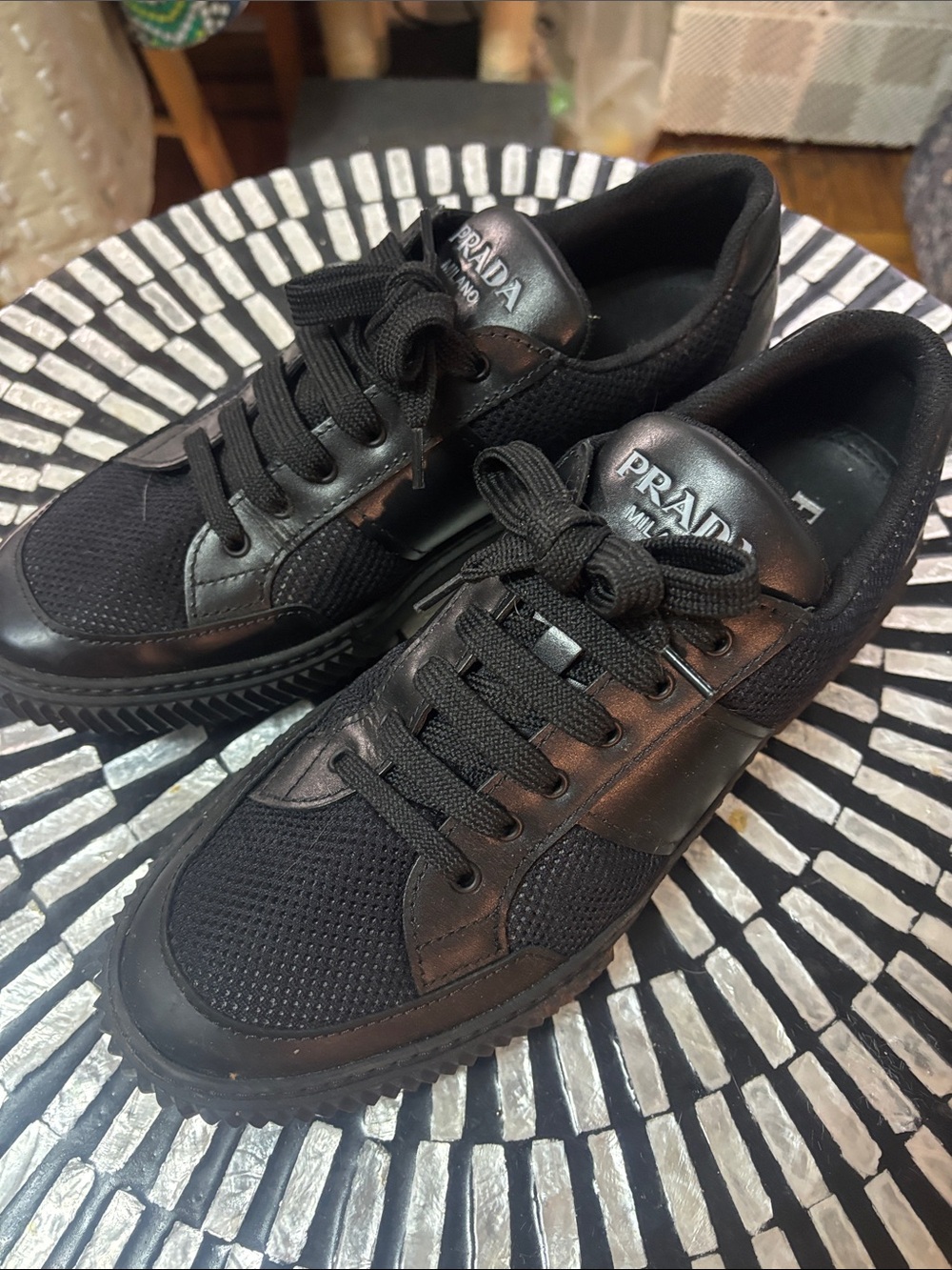 Prada Black Men’s Low-Top Mesh & Leather Sneakers